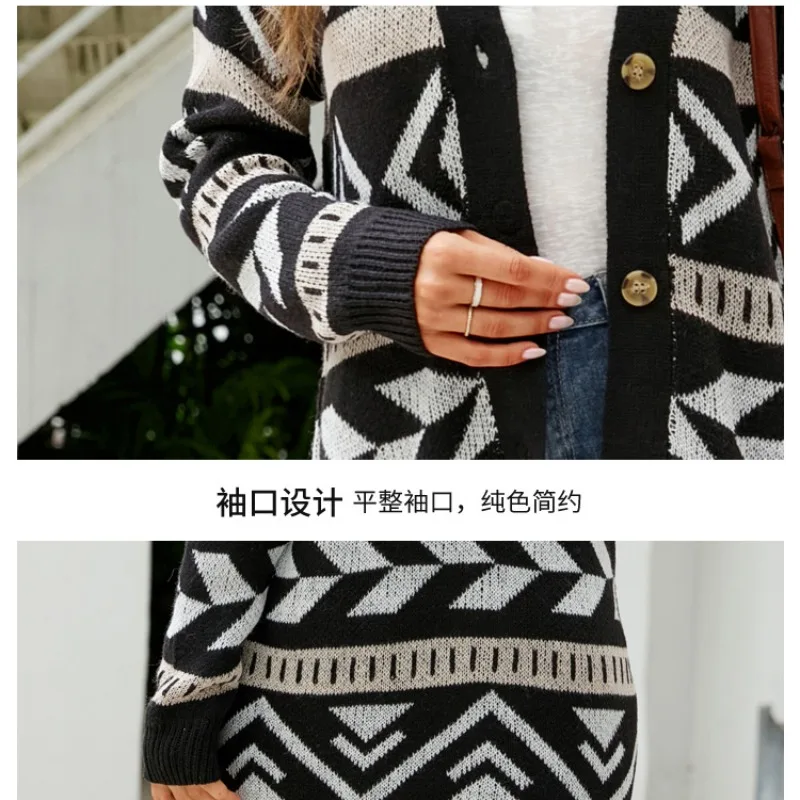 Women\'s Autumn and Winter Fashion V-neck Jacquard Button Pocket Long Sleeve Loose Medium Length Sweater Knitted Cardigan Tops