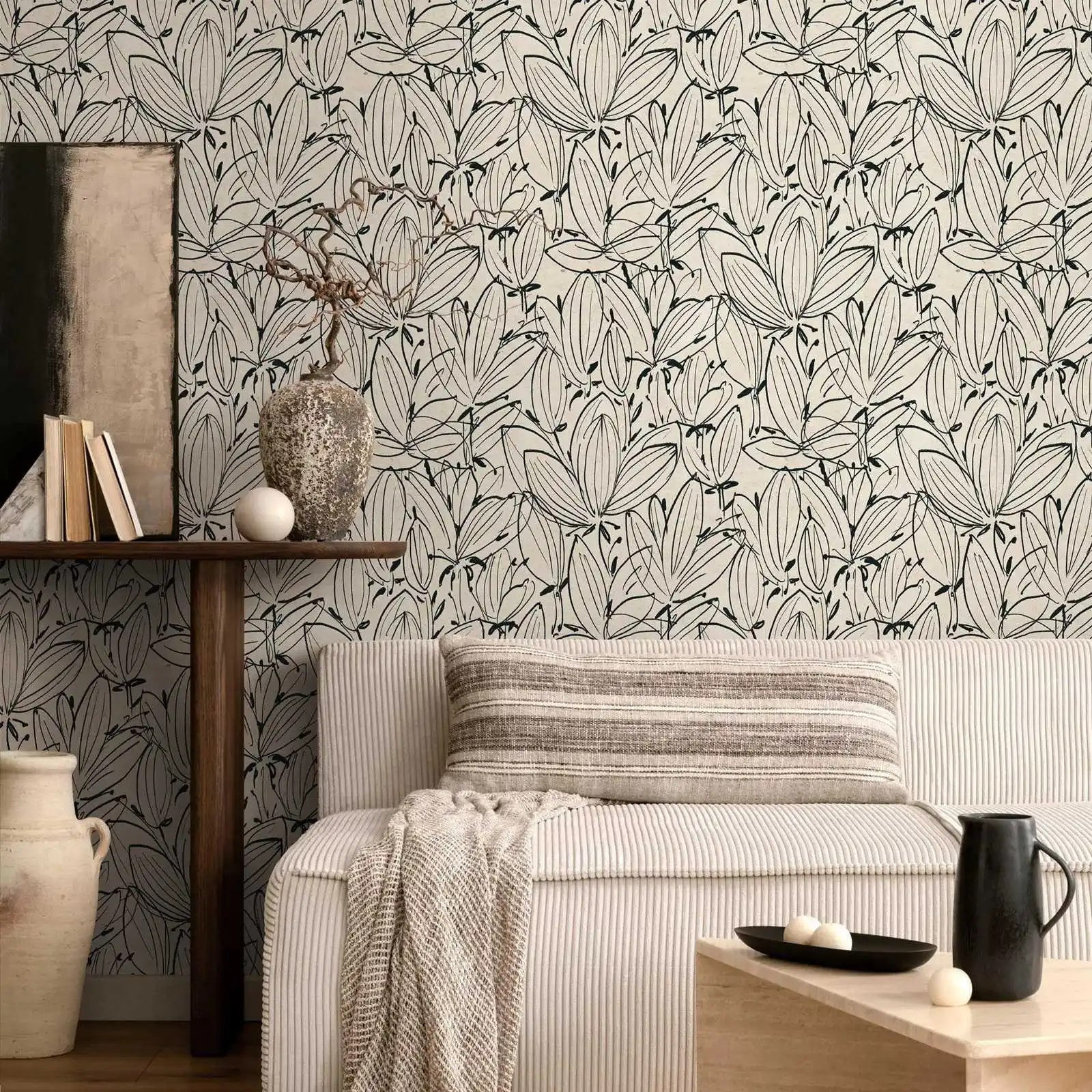 Mid-century Floral Cream Black Wallpaper Peel and Stick, Vintage Flower Wall Mural For Home Decor, Self-adhesive Or Traditional
