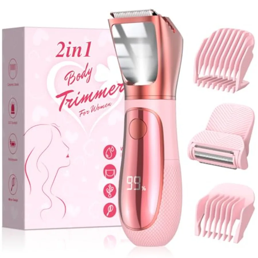 

Bikini Trimmer for Women 2 in 1 Electric Razors Shaver IPX7 Waterproof Body Hair Trimmer with Mirror LED Light and Display Pain