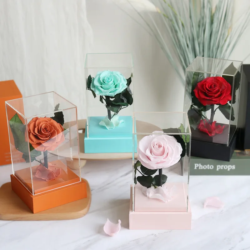 Rose Preserved Fresh Flowers Transparent Acrylic Gift Box Mother's Day Valentine's Day Bouquet Ornament Creative Gift Home Decor