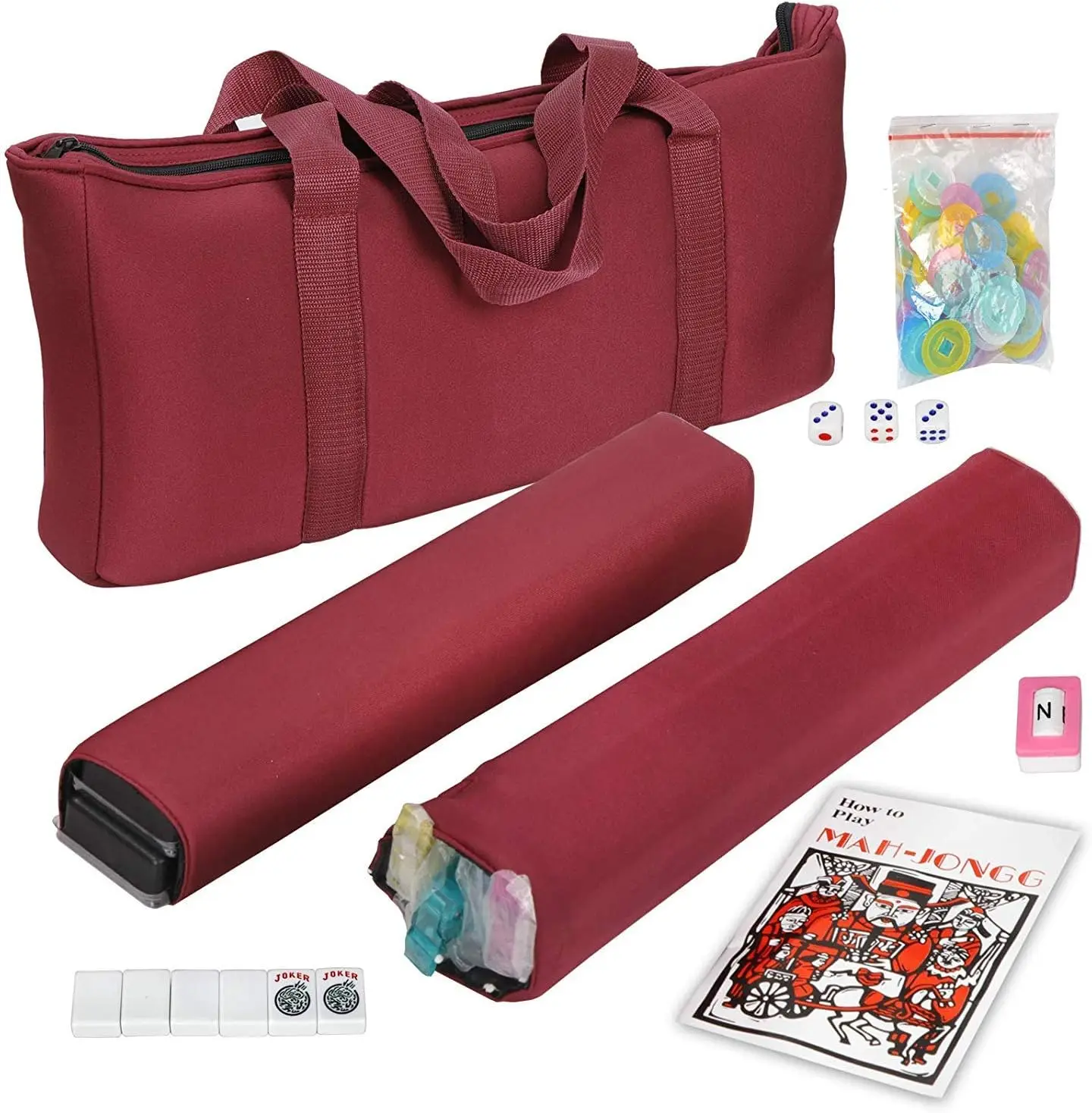 

166 Tiles Mahjong Set, 4 Colors Rack/Pushers, Red Bag, Full Size