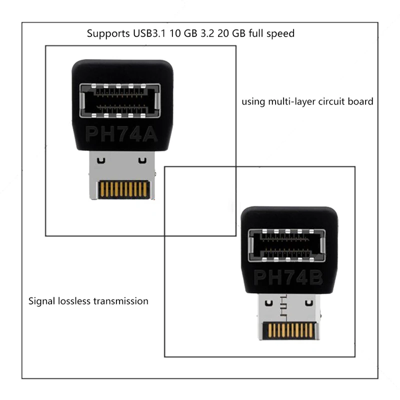 Placa base de ordenador tipo E, interfaz USB 3,1 tipo E, codo de dirección de 90 grados, adaptador frontal instalado tipo C (PH74B)