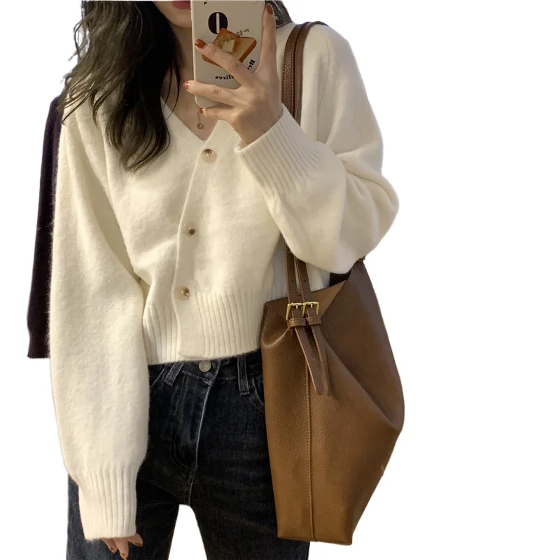 

Elegant V-neck Knitted Sweater Chic Single Breasted Short Cardigan Top Women's Spring Autumn Long Sleeved Korean Version