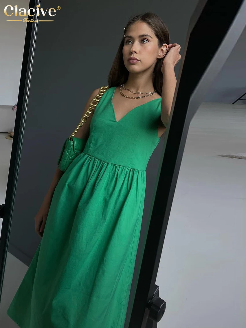 Clacive Summer V-Neck Green Women\'S Dress 2022 Casual Loose Sleeveless Office Midi Dresses Elegant Classic Ruched Female Dress