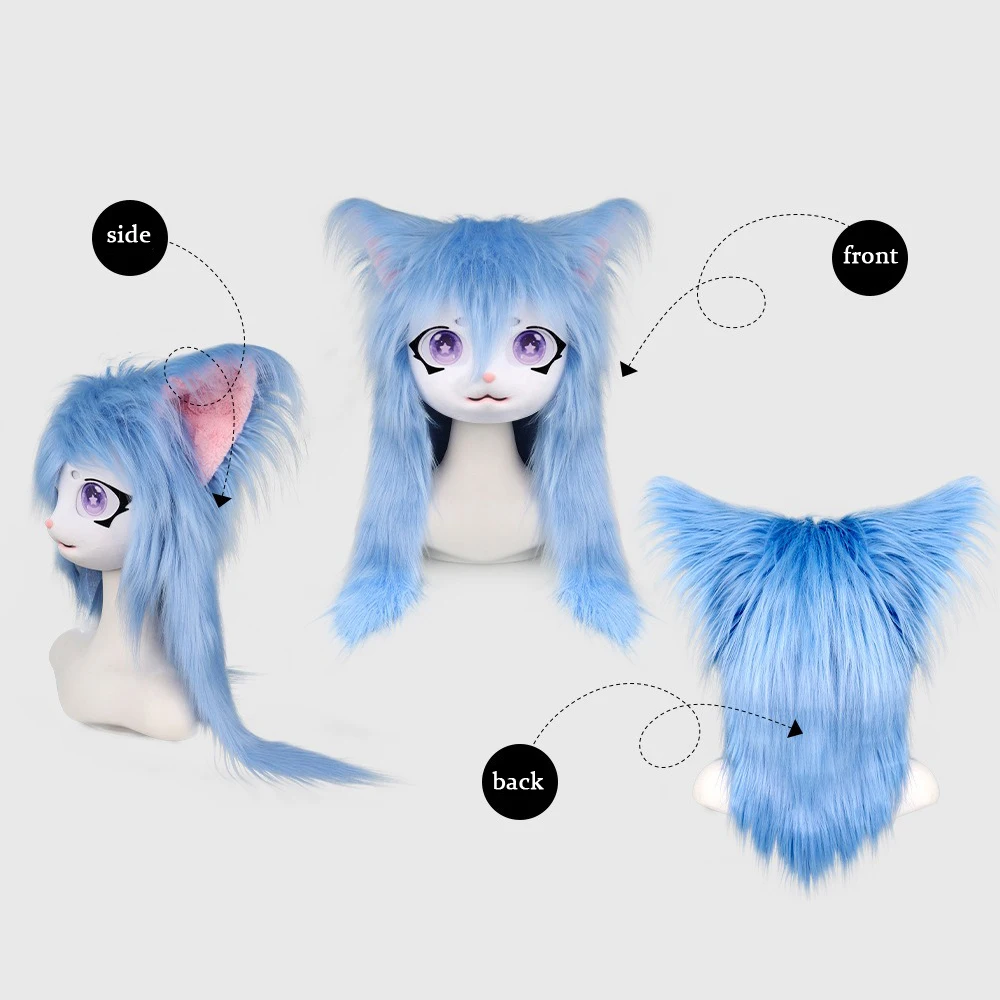Complete Kigurumi Furry Animal Head Costume Halloween - Kawaii Lolita Style Cat Ear Plush Wearable Cosplay Mask Set
