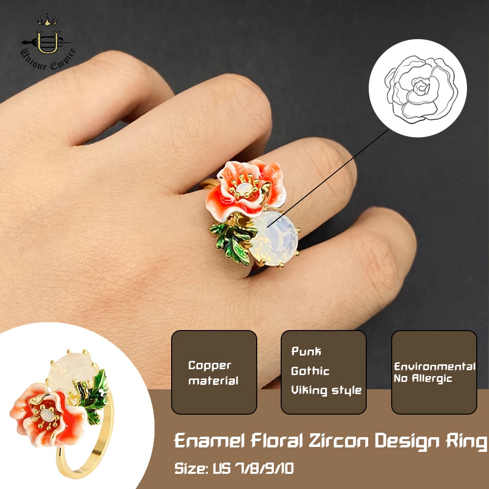 Vintage Gold Plated Art Deco Floral Ring Round White Zircon with Pink Drip Accents Wedding Band Anniversary Gift