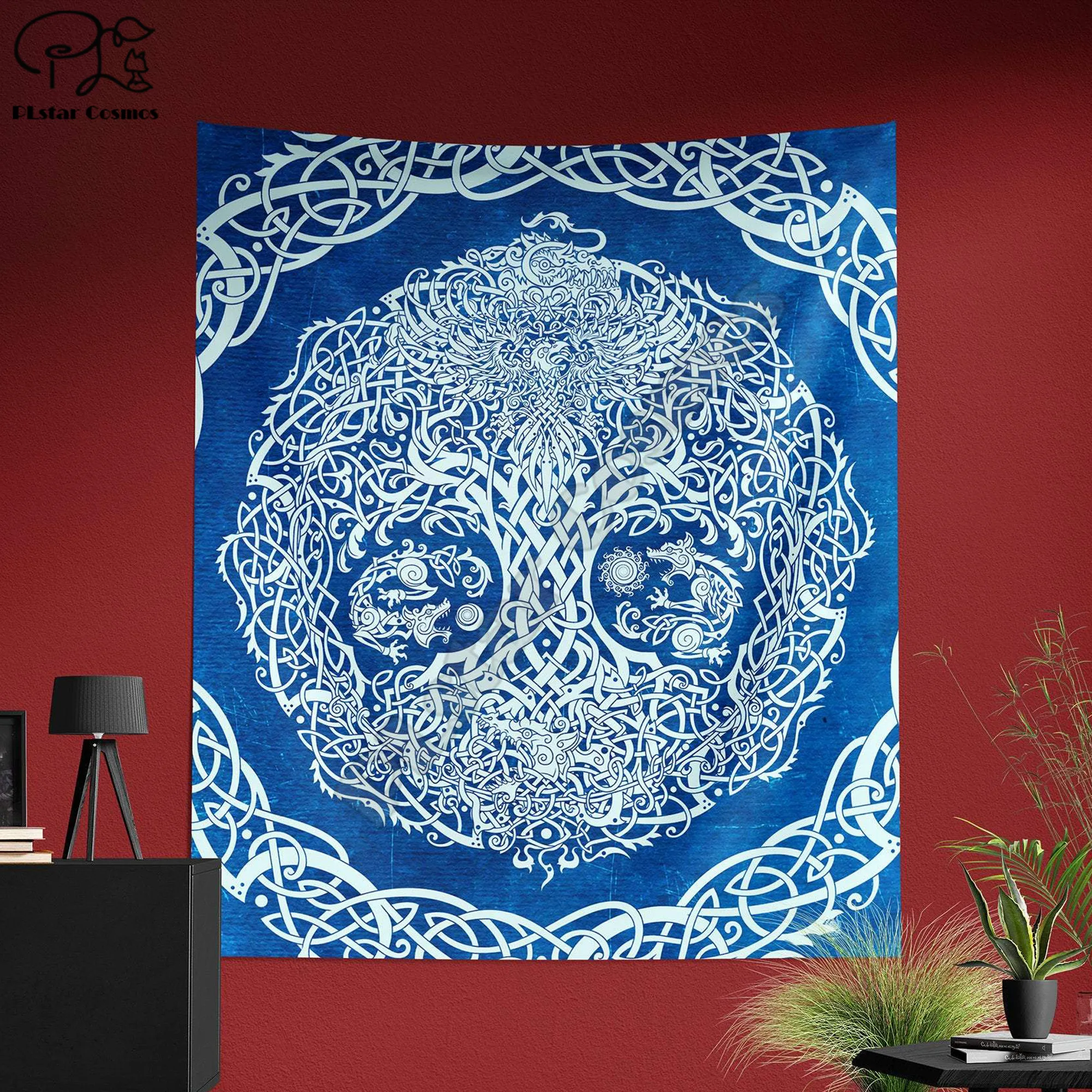 Viking Tapestry, Yggdrasil Norse Wall Hanging, Pagan Home Decor, Art Print, Nordic Tree of Life - White & Blue