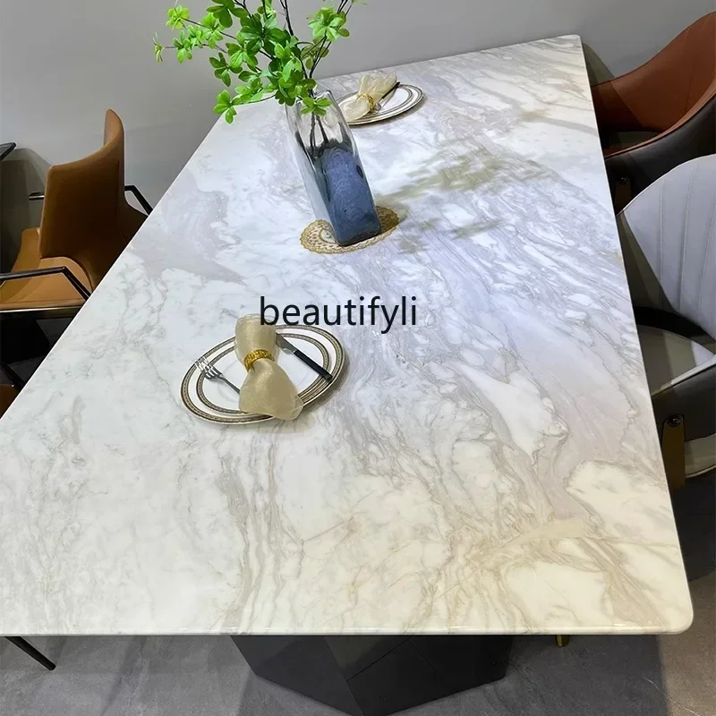 M178 Fish belly gold natural marble dining table designer rectangular dining table high-end household dining table