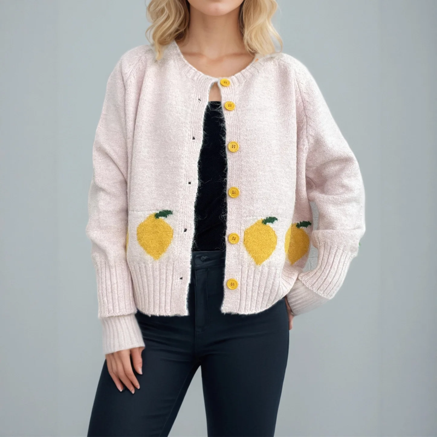 2025 가을 겨울 달콤한 신상 오렌지 니트 스웨터 라운드 넥 버튼 캐주얼 여성 가디건