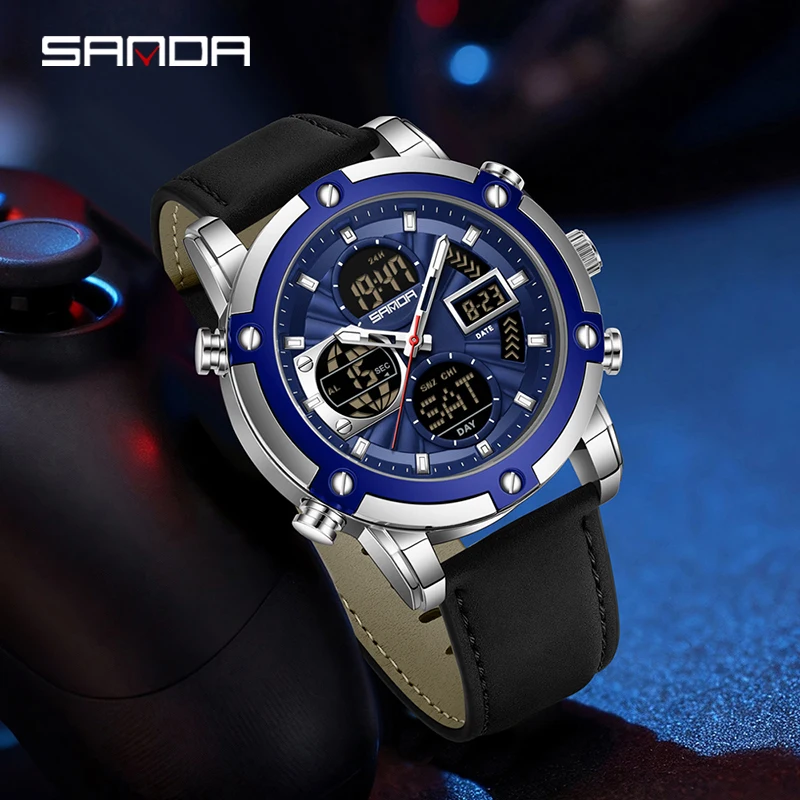 SANDA 6333 Electronic Wristwatch Men Luminous Calendar Sports Leather Strap Watch Fashion Dual Display Digital Watches for Man