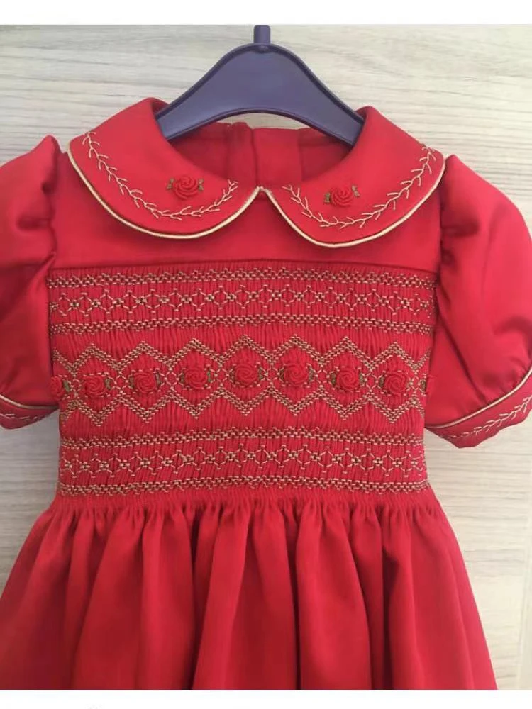 0-6Y Baby Girl Summer Red Smocked Turkish Vintage Princess Dress for Birthday Holiday Easter Photography Eid