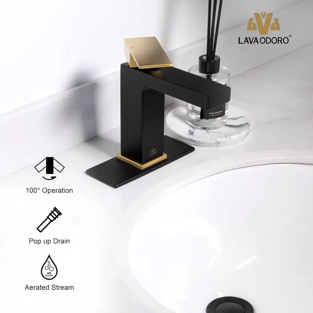 صنبور حوض الحمام النحاسي ذو الفتحة الواحدة باللونين الذهبي والأسود بمقبض واحد، يتضمن مجموعة الصرف ولوحة سطح السفينة، موديل BF307-GB #6