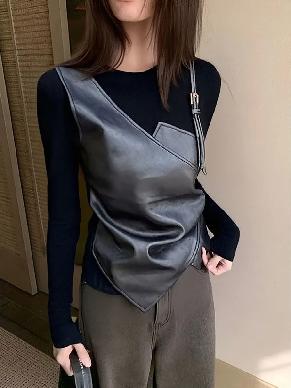 

Большие размеры, корейский Sle Bla Splice Long Sve, облегающий женский базовый топ, осенне-зимний топ с разрезом, повседневный дышащий топ