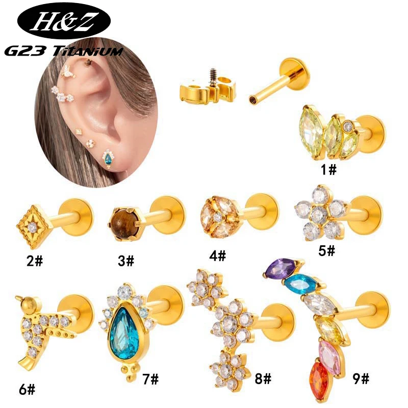 

1PC G23 Titanium Stud Earrings Zircon Flower Horse's Eye Internal Thread Lip Stud Tragus Helix Cartilage Labret Piercing Jewelry