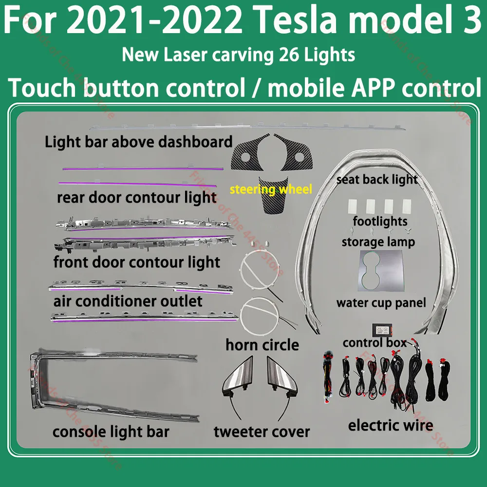 Car 64-Color Ambient light Touch Panel Control For Tesla Model 3 2021-2022 Atmosphere Lamp illuminate Light Center Console Strip