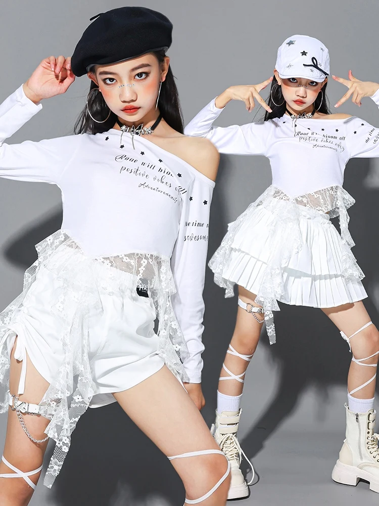 الأطفال ملابس رقص الجاز Kpop الزي الأبيض المحاصيل الأعلى كعكة تنورة المنصة تظهر موضة ملابس الفتيات الشارع ملابس الرقص AMY2624