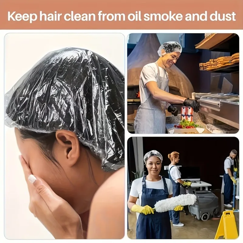 100pcs One-time use elastic transparent shower cap. Suitable for kitchens, hair salons, spa centers, and hotel business trips
