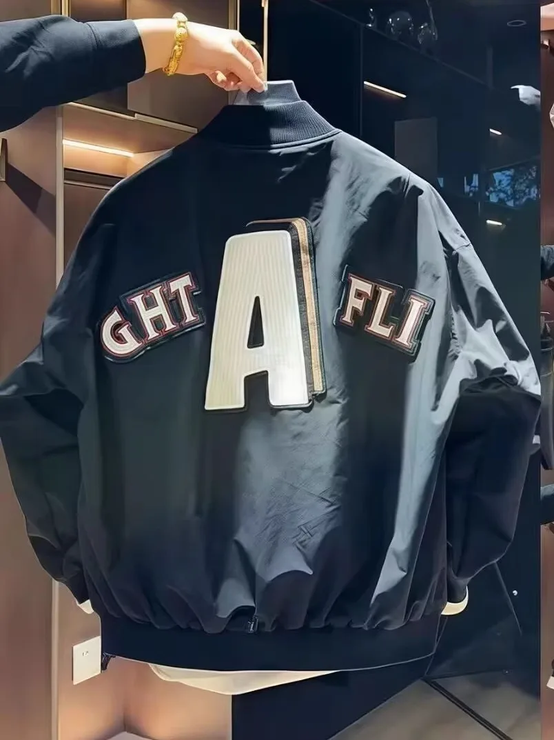 

American Retro Baseball Stitching Jaet Loose Fit Pilot Coat Men's Stand Collar Trendy Outerwear Polyester Nylon Cosite F...