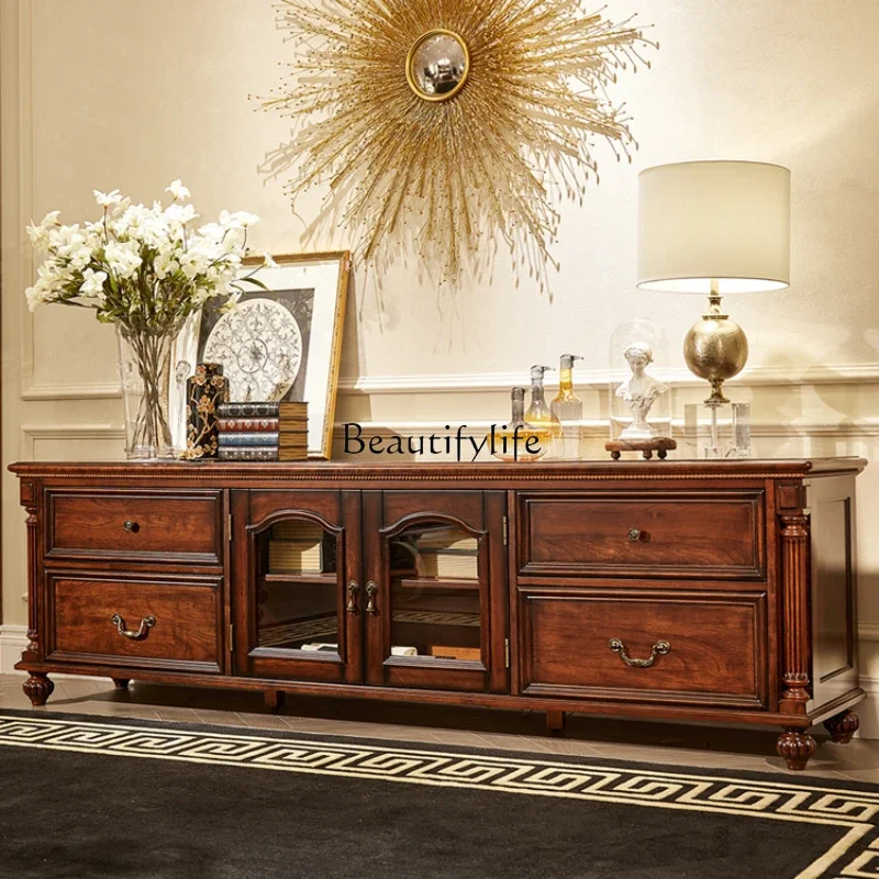 

01American retro all-solid wood TV cabinet living room floor cabinet combination locker