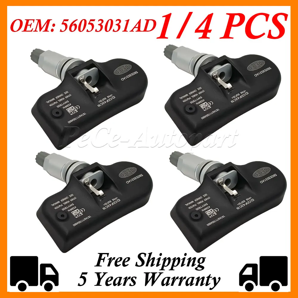 1/4PCS 433MHz TPMS Tire pressure sensor 56053031AD For Chrysler 300C 200 Grand Voyager Dodge Journey Charger Jeep Compass