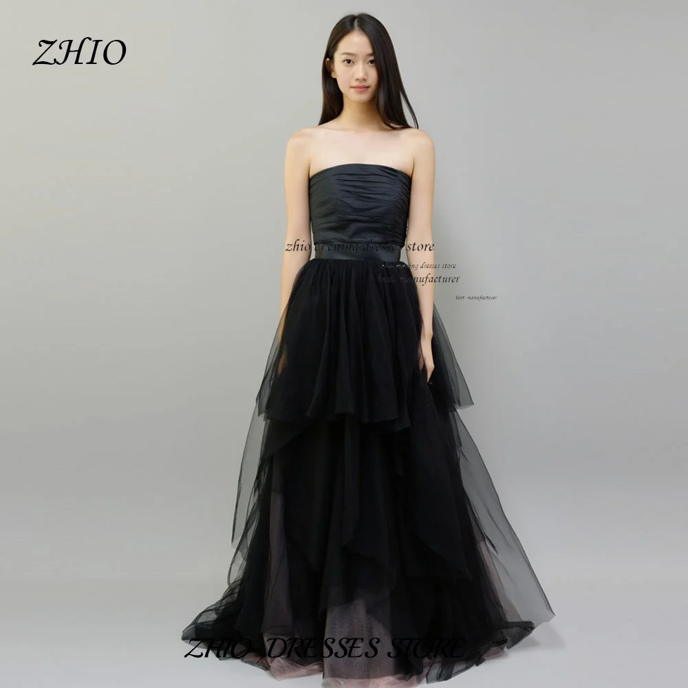 ZHIO Elegant Black Strapless Layered Tulle Two Piece Evening Gown with High Slit Puffy Skirt Custom A-Line Prom Dress For Women