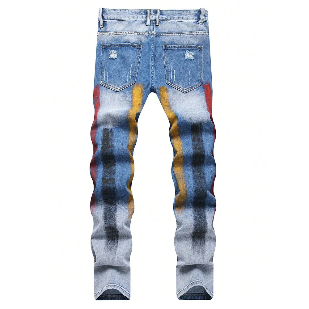 Men Painted Denim Jeans Contrast Color Holes Ripped Distressed Pants Non Stretch Cotton Slim Straight Trousers
