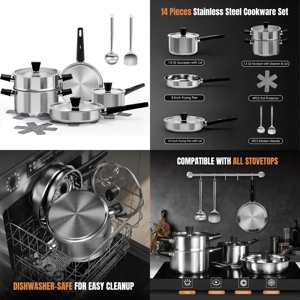 

stainless steel cookware set, 14-piece pots and pans set, kitchen cookware set with stay-cool handle, non-toxic, dishwasher safe