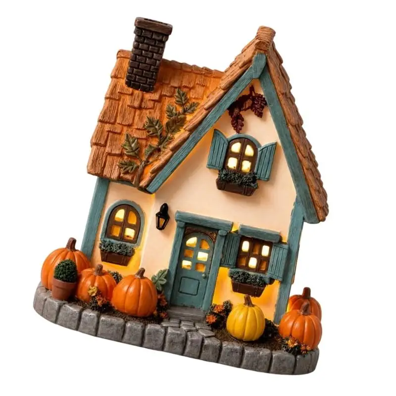 LED-Herbst-Kürbishaus-Dekoration, Harz-Tisch-Cottage-Statue mit warmem Licht, Ernte-Kaminsims-Akzent für Wohnzimmer und D2RD – Detail 9