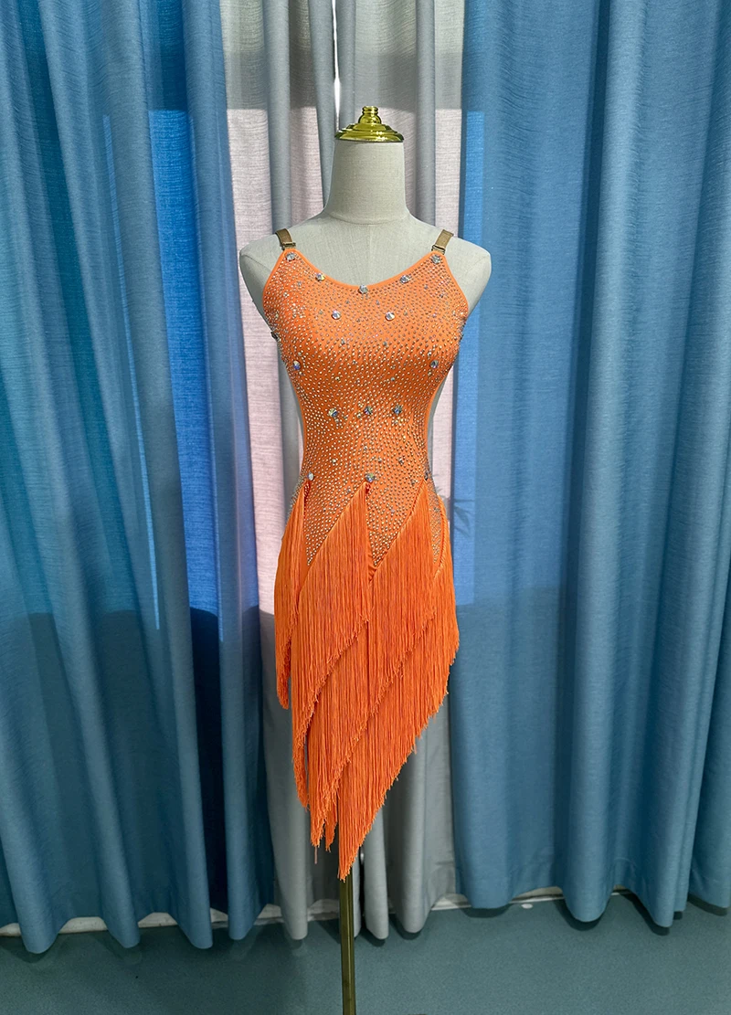 

Юбка для латинских соревнований, новый дизайн для взрослых, оранжевая юбка с кисточками, юбка для латинских танцев, румбы, самбы, женское дешевое платье для латинских танцев