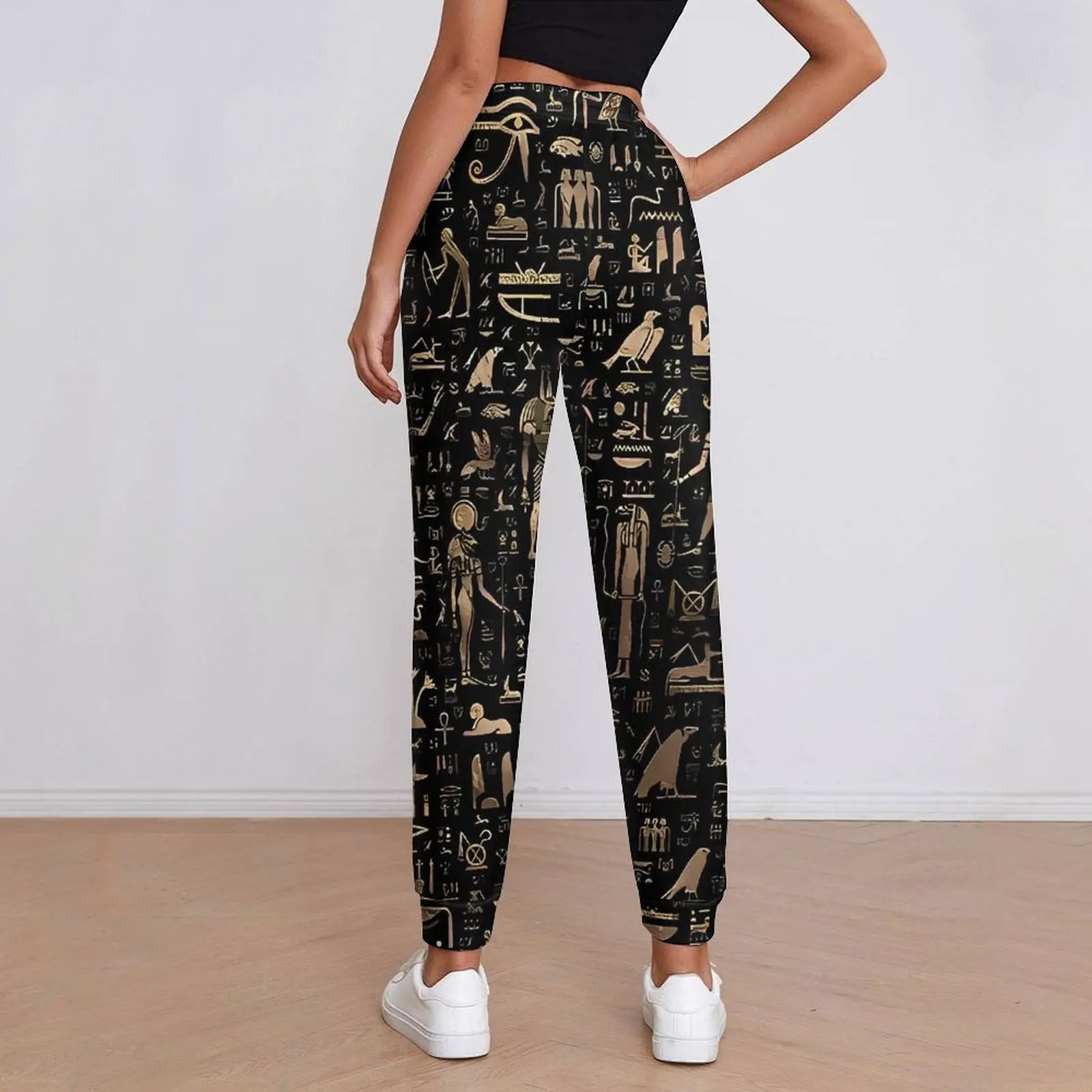 Ancient Egyptian Art Jogger Pants Women Black and Gold Street Style Joggers Spring Vintage Design Trousers Big Size 2XL