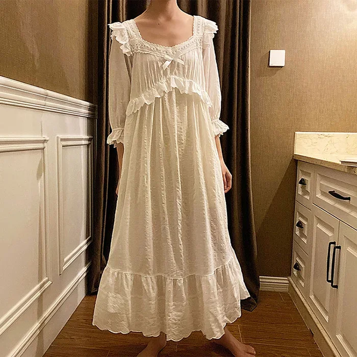 New Women\'s Lolita Dress White Lace Square Neck Princess Sleepshirts Vintage Ladies Nightgowns Nightdress Cute Lounge Sleepwear