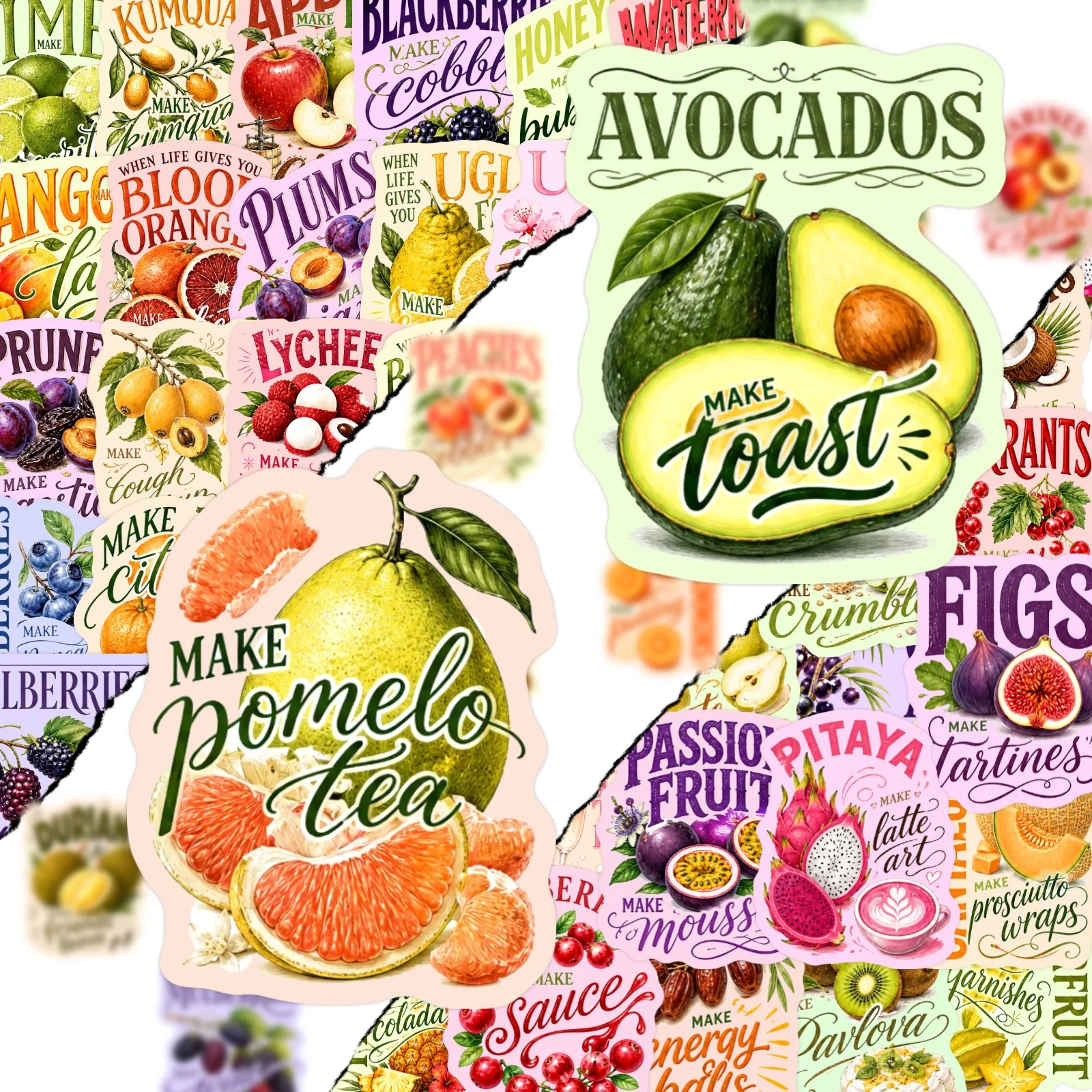 50 PCS Colorful Retro Fruit Theme Text Fun Stickers Creative DIY Material Student Scrapbook Stationery Waterproof Decals