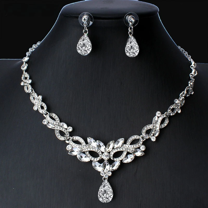 Silver Teardrop Necklace Earrings Set Rhinestone Artificial Crystal Floral Bridal Wedding Jewelry for Women