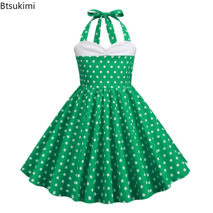 

Women's Sweetheart Neck Halter Fit and Flare Party Girls Clothes Dress Summer Polka Dot Pleated Daughter Vintage Dress for Kids