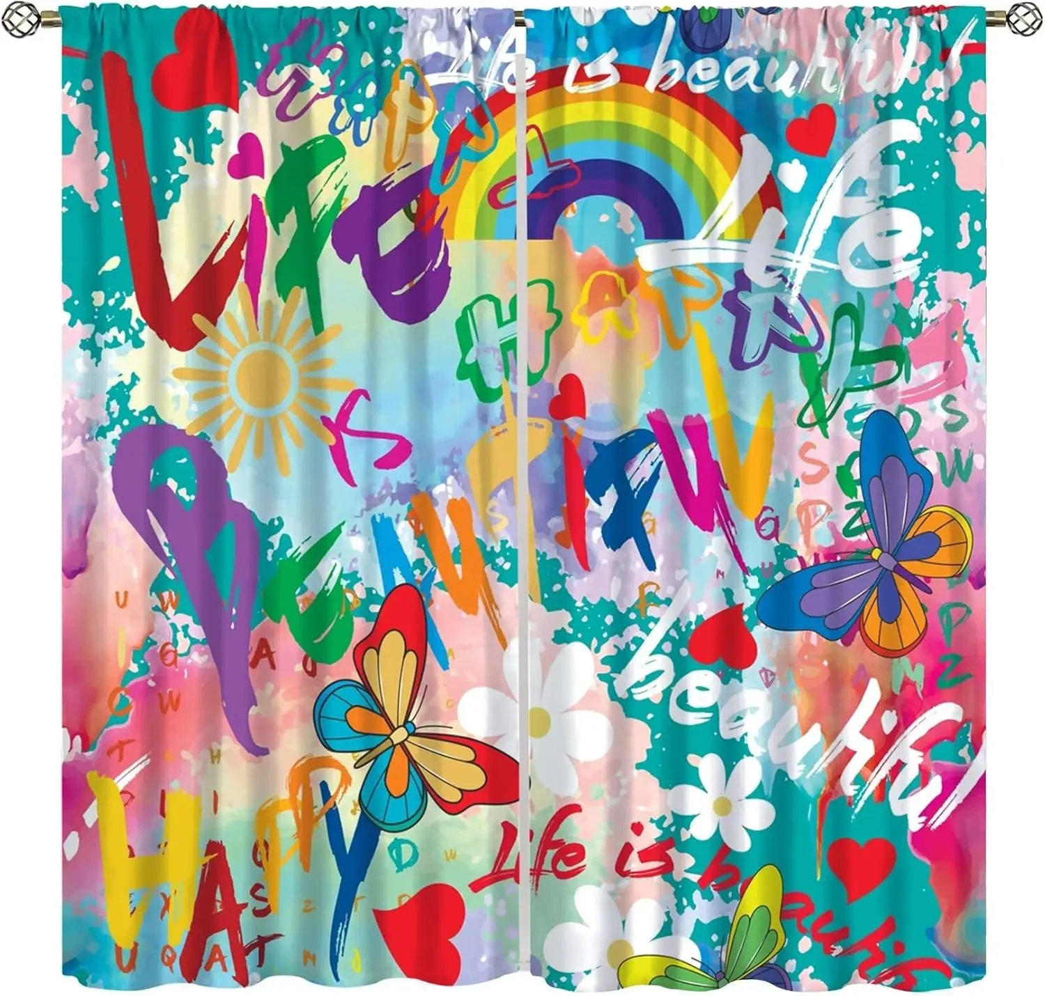 Graffiti Rainbow Butterfly Curtain Colorful Letter Sun Heart Daisy Graffiti Print Light Filter Drape For Bedroom Studio Homestay