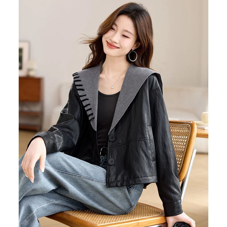 2025 primavera outono novo coreano contraste cor de malha costura jaqueta feminina outwear moda solta curto chique casual casaco de couro