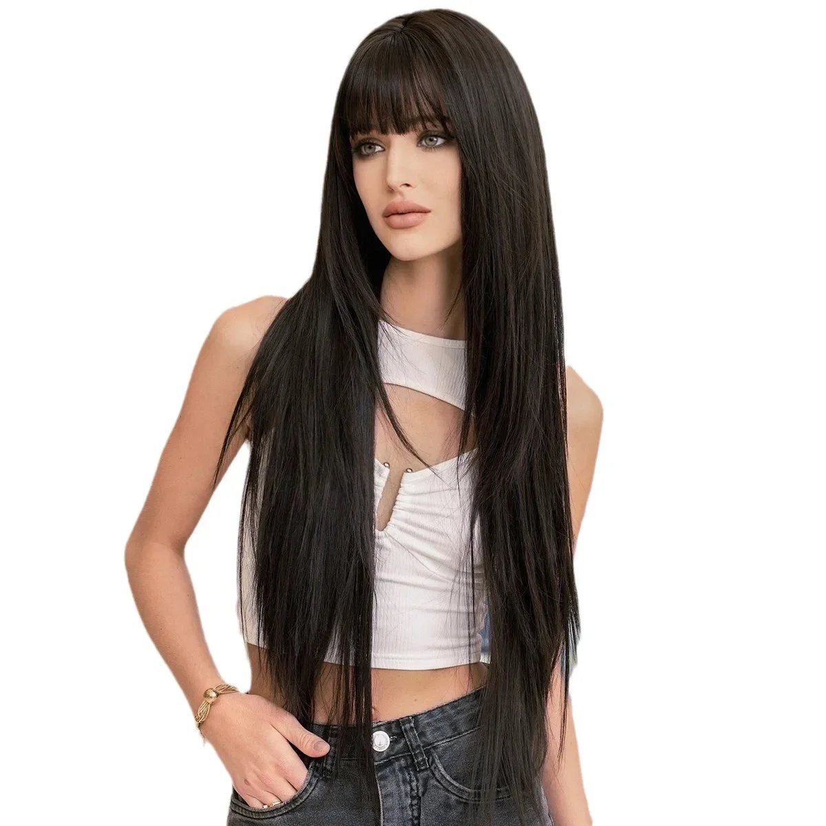 34-inch Synthetic Wig, Extra Long Straight Hair, Black Bangs, Wig Suitable for Women, Natural Cosplay Party, Heat Resistant