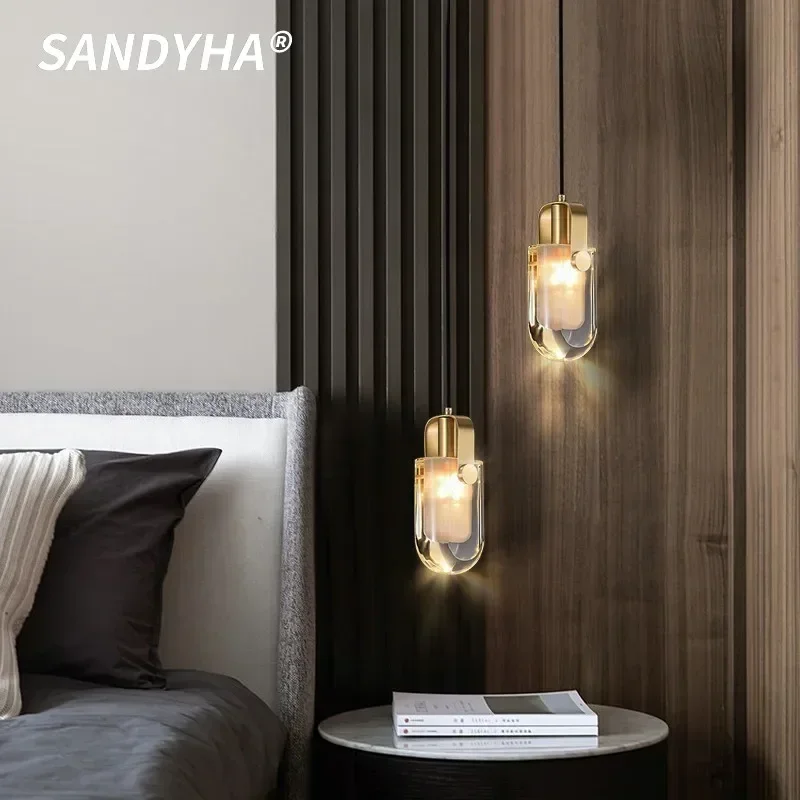 

SANDYHA Modern All Copper Pendant Light Crystal Design Led Lamps for Living Room Bedroom Decoration Home Study Lighting Fixtures