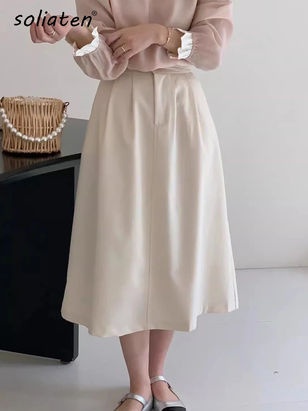 

Women Summer Cotton Skirt Solid Casual Elegant Elastic High Waist Zipper A-Line Midi Skirts Japan Style C-053