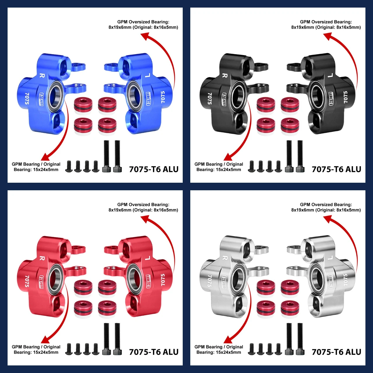 

GPM 7075 Alloy Front Steering Block (Larger Outer Bearings) For ARRMA 1/8 Kraton V6 EXB,Notorious V6 (ARA-1507)