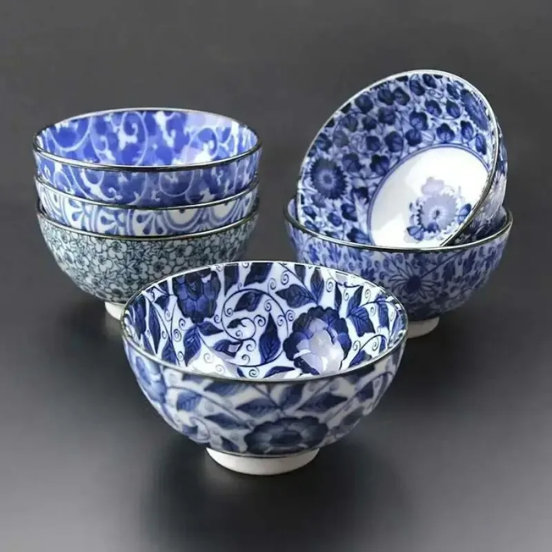 Tazón de Arroz Japonés de Cerámica Mino Yaki, Azul y Blanco, para Sopa de Fideos, Vajilla para el Hogar, con Acabado Subesmaltado