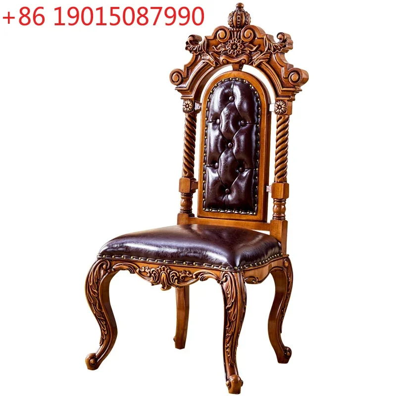 European leather dining chair home study chair solid wood water-based paint backrest single chair