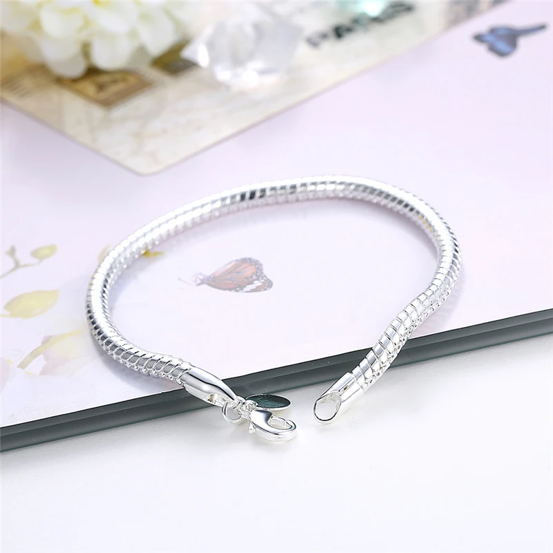 New 925 Sterling Silver 3mm Snake Chain 8 inches Basis Bracelet For Woman Charm Wedding Engagement Fashion Party Jewelry Gifts