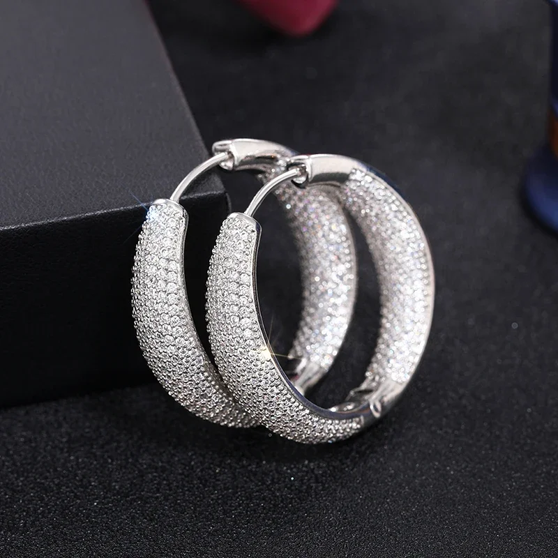 Huitan Bling Bling Hoop Earrings Silver Color/Gold Color Full CZ Luxury Trendy Earrings for Women Wedding Party Gorgeous Jewelry