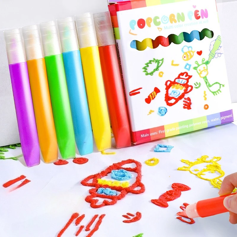 6 Colors/set 3D DIY Bubble Popcorn Drawing Pens, Multi-function Magic Popcorn Pen Stationery Children's Cards Kids Christmas