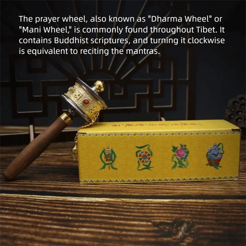

Colourful Turn Prayer Wheel Wooden Handle Carving Crystal Hand Cranking Prayer Wheel Alloy Metal Exquisite Craft