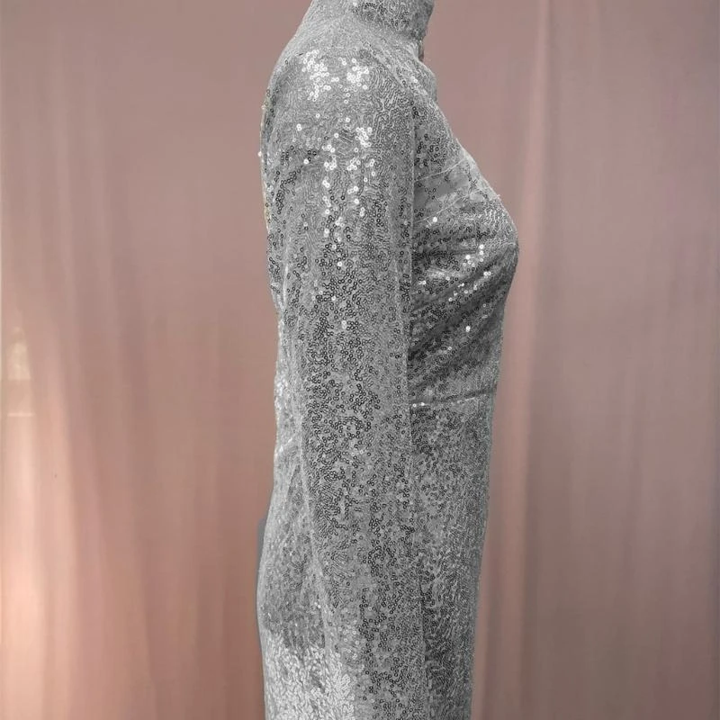 

Q22D Elegant Mesh Splicing Cold Shoulder Bodycon Maxi Dress for Women Long Sleeve Mock Neck Bodycon Cocktail Evening Gown