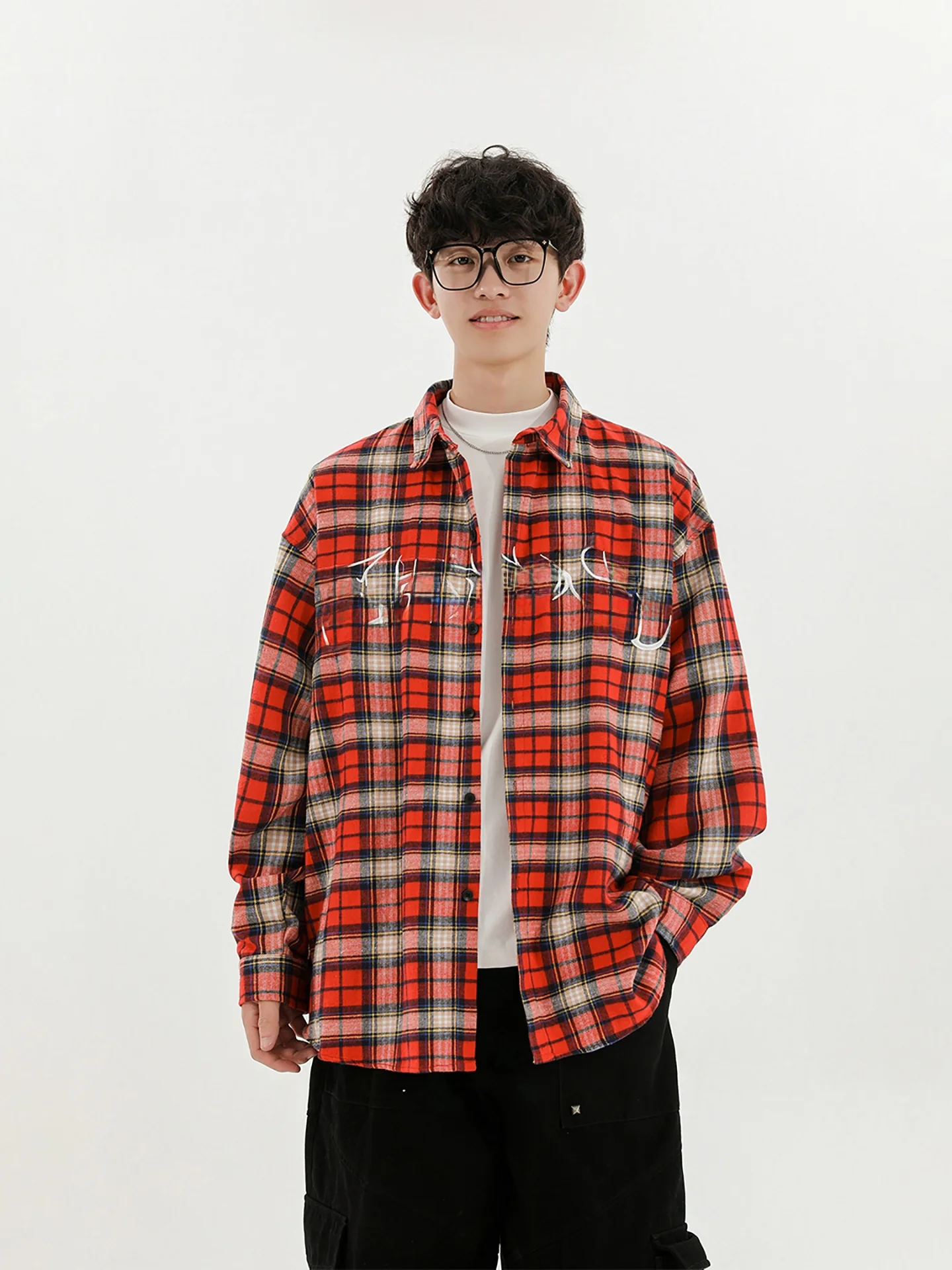 

Boyue American Sle Embroidered Red Plaid irt Casual Spring Autumn Men's Faion Outerwear Long Sve Button up