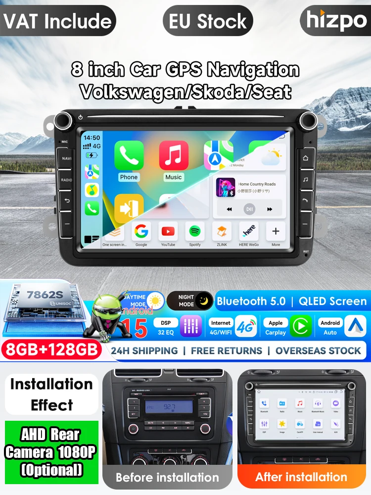 Hizpo 7-Zoll Android Autoradio für VW Volkswagen Golf Polo Skoda Rapid Octavia Tiguan Passat B7 Jetta Multimedia Carplay Player 2Din Stereo Autoradio Navigation GPS Auto KI Intelligente Systeme Head