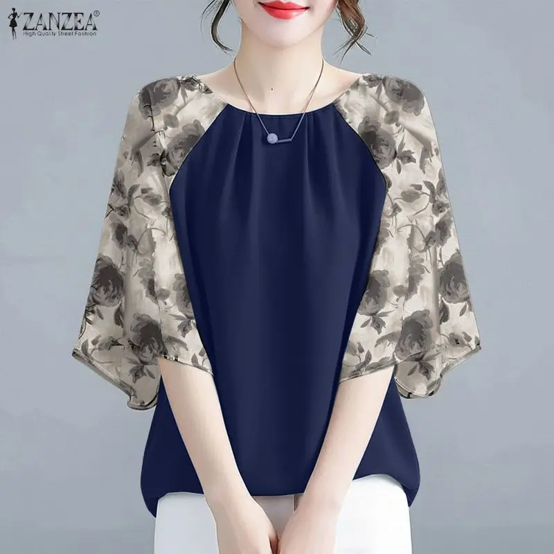 

Женские элегантные блузки ZANZEA в стиле пэчворк, повседневные пуловеры с круглым вырезом и цветочным принтом, рукава реглан, весна-лето 2026, женская одежда